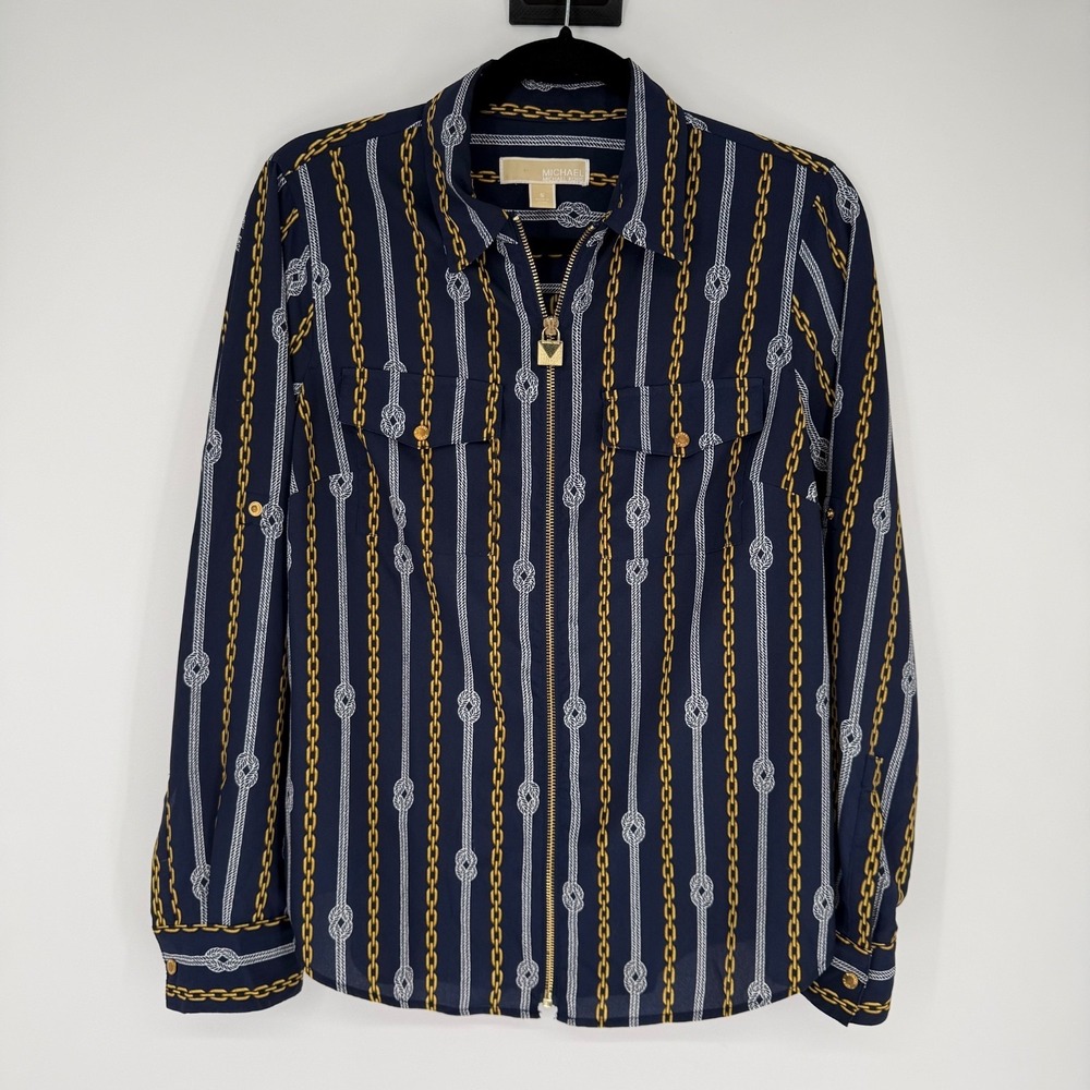 Michael Kors Blouse Womens Small Blue Gold Chain Zip Front Lock Mob Wife Elegant
